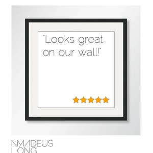 K&ouml;nnte beinhalten: Ein schwarzer Bilderrahmen mit wei&szlig;em Hintergrund und dem Text "Looks great on our wall!" in Schwarz. Unter dem Text befinden sich f&uuml;nf gelbe Sterne.