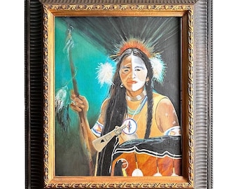 Pow Wow Gathering-Originele Mixed Media Oil & Acrylic Hijgen door Rebecca Mann