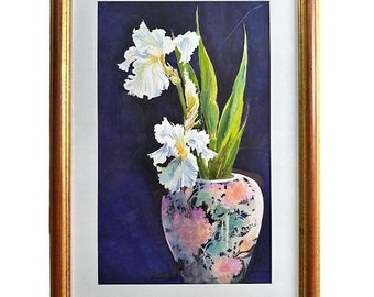 Witte Iris-originele aquarel hijgen door Rebecca Mann