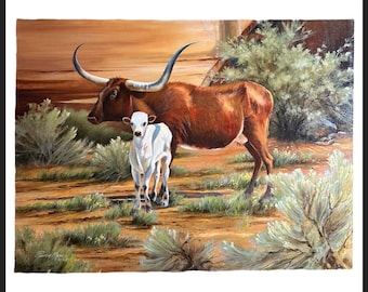 Diamond Valley Texas Longhorn- Original Oil Panting by Rebecca Mann