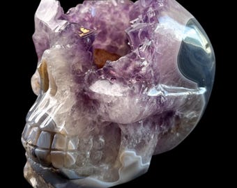 Hand Carved 9" Amethyst Agate Geode Crystal Skull