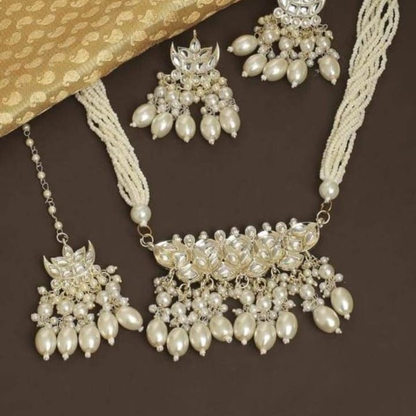 Handmade Kundan Choker Necklace Set, Bridal Jewelry, Wedding Jewelry, Kundan Pearl jewelry, Kundan