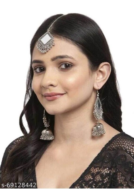 Oxidised earrings sale with maang tikka