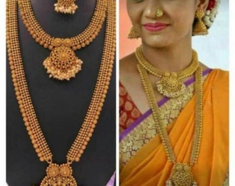 Beautiful Matte Golden Temple Jewellery Set Bridal jewelry Indian jewelry Two Gold Plated Necklaces set, South Indian Jewelry.