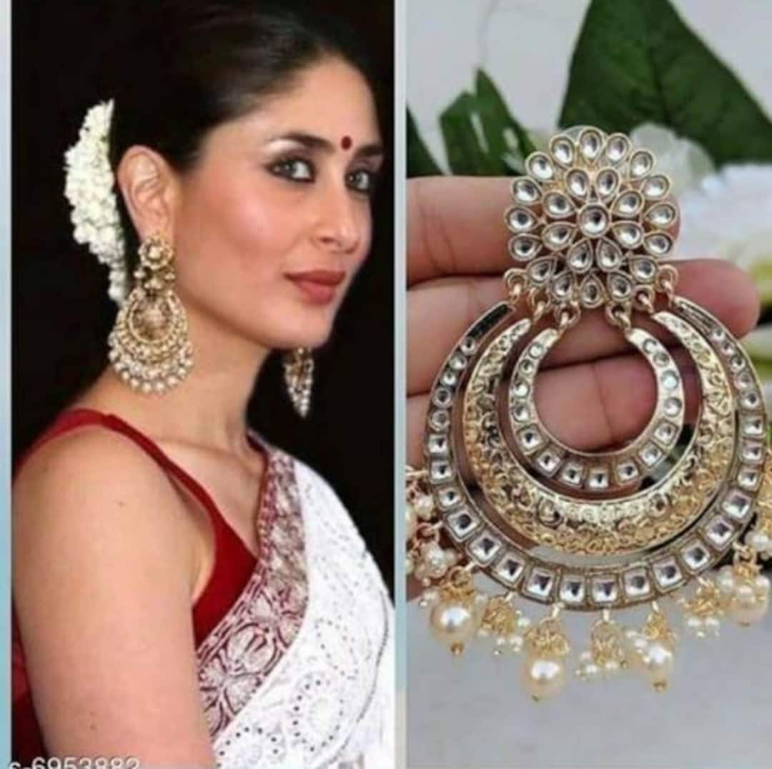 Beautiful Kundan Jhumki Chandbali Earrings Set, Gold Toned Bollywood