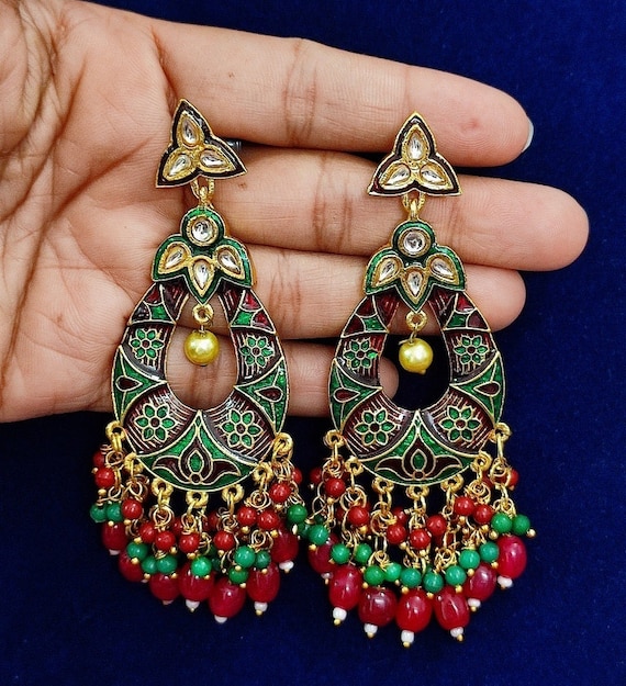 Buy Green Color Big Kundan Jhumka Earrings Set Indian Women Online in India   Etsy