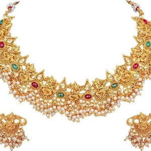 Temple Ganesh jewellery Ethnic Indian Traditional Jewelry, Gold Plated Wedding Choker Necklace Earrings Set,Elegant Designer, Kundan Jewelry