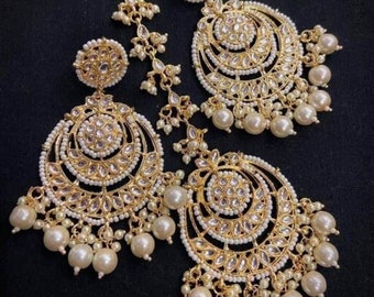 Preciosos pendientes Kundan y tika, conjunto kundan tikka, pendientes chand bali, joyería Kundan, Bollywood, joyería india