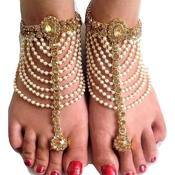 Traditional Kundan Pearls Stone Fancy Stylish Gold Plated Payal/Anklet/Pajeb/Payjeb/Painjan/Ghungroo/Anklet for Women and Girls