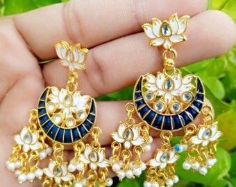 Hermosos pendientes Kundan Chand Bali Jhumka chapados en oro Minakari étnicos tradicionales perlas joyería hecha a mano pendientes indios Jhumka.