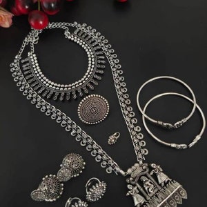 Awesome Long Necklace Set, Oxidised Necklace Set, Indian Ethnic Jewelry, Oxidized Jewelry Set, Temple Jewelry, Wedding Jewelry D4