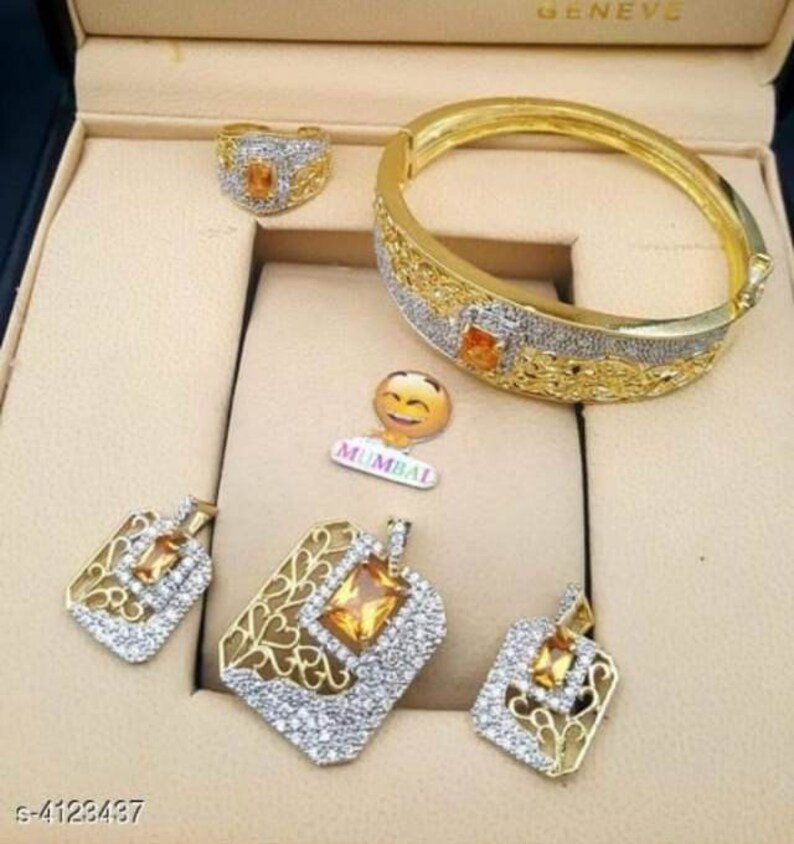 pendent set ring. bracelet Gold plated American diamond jewellery set Indian Jewelry Pakistani jewellery