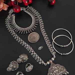 Awesome Long Necklace Set, Oxidised Necklace Set, Indian Ethnic Jewelry, Oxidized Jewelry Set, Temple Jewelry, Wedding Jewelry D6