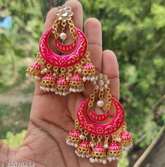 designer big jhumka earrings for wedding latest design party wear stone  jhumki white color