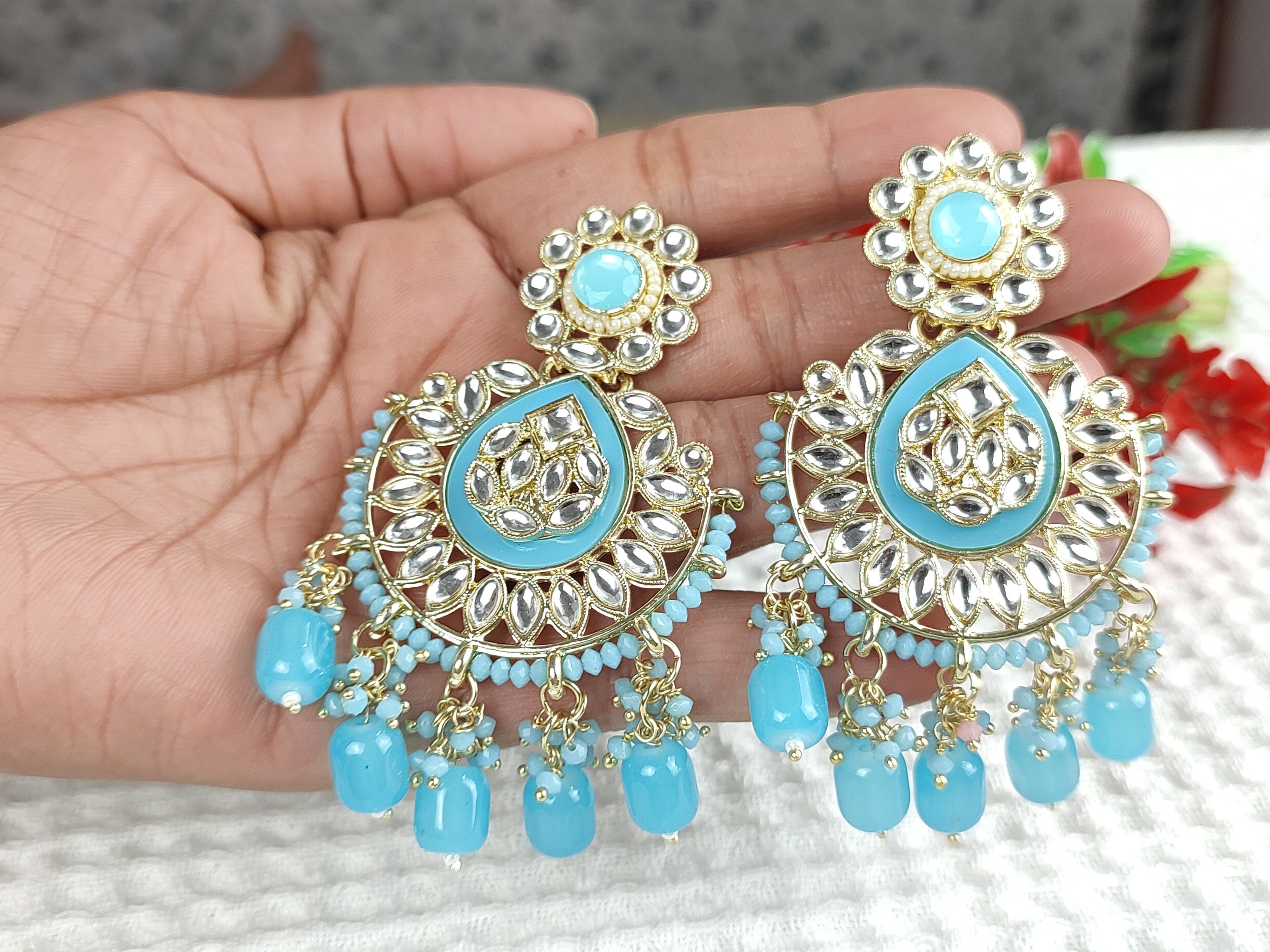 Buy Sky Blue Indian Kundan Jhumka Earrings Jewelry Set Pearls