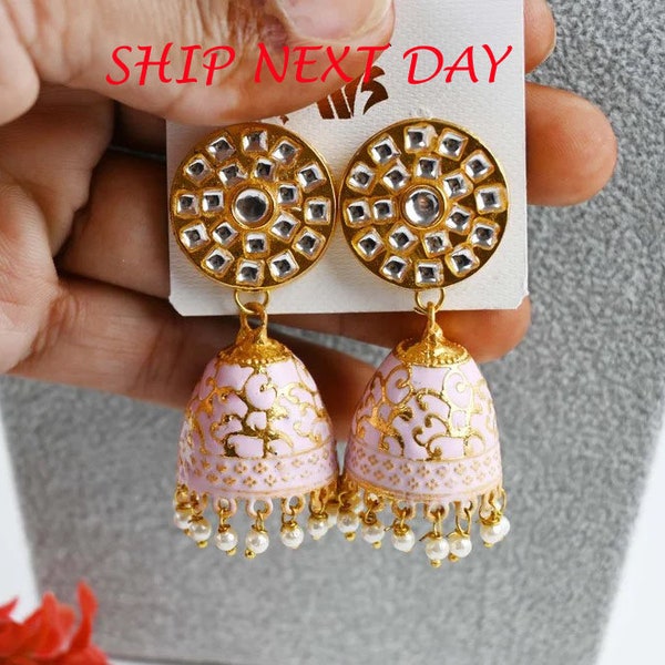 Pink Color Bollywood Kundan Jhumkas Indian Jewelry Pakistani Jewelry Bollywood Jhumki