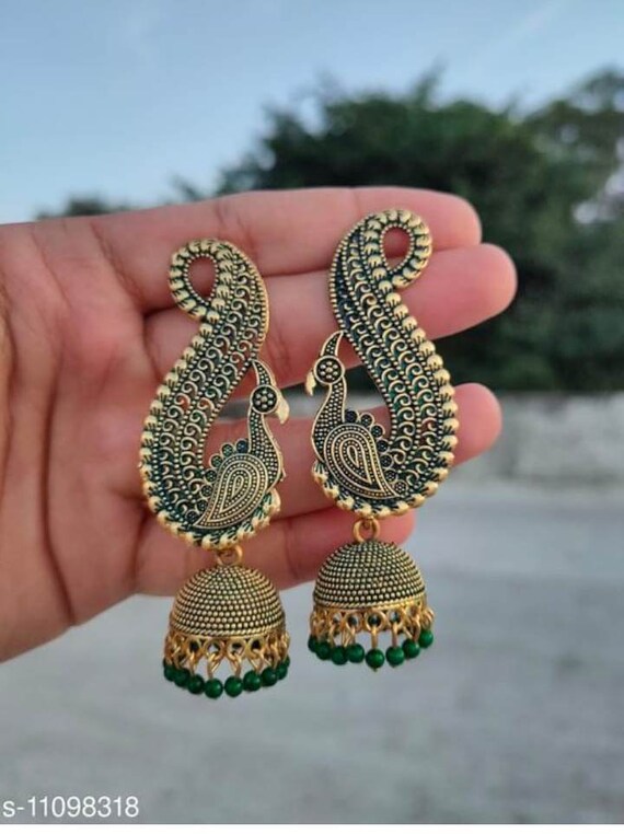 Hermosos pendientes indios oxidados hechos mano Jhumka - Etsy España