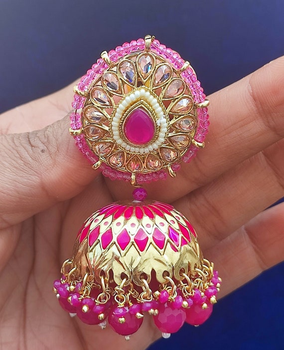 Amazon.com: Crunchy Fashion Bollywood Traditional Indian Wedding Gold  plated Pink color Square Jhumka Jhumki Earrings for women/girls: Clothing,  Shoes & Jewelry