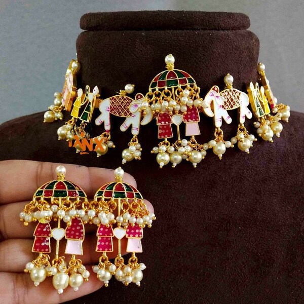 Ensemble ras de cou indien Meenakari Kundan Long Barat/ Bijoux de mariage/ Ras de cou Kundan/ Bijoux de mariage/ Base Mettle laiton et plaqué or/