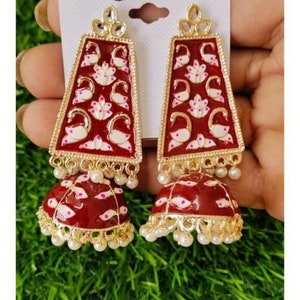 Awesome Kundan Jhumkas  Hand Painted Enameled Jhumkies  Pearl Jhumka Earrings