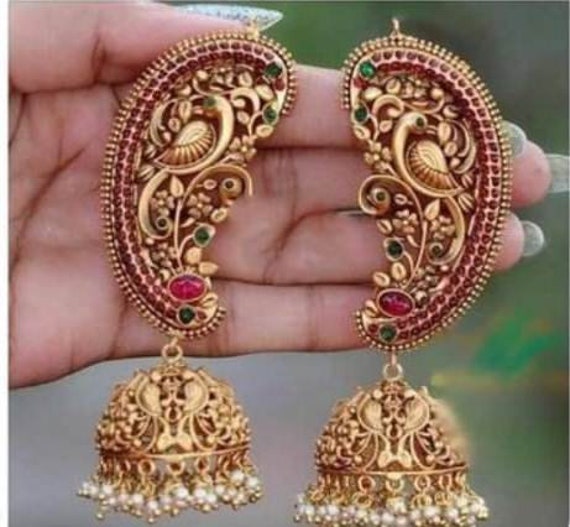 18K Gold Plated Ear Chain Supported Heavy Earrings Indian Traditional Ear  Jhumka | eBay