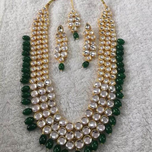 Awesome Beautiful Kundan Bridal Choker Necklace Earrings Tikka Set, Long Necklace Rani Haar Pearls Bollywood Jewellery Set