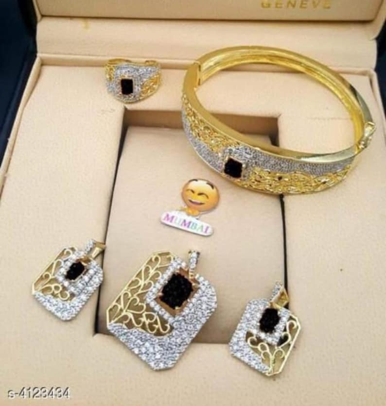 pendent set ring. bracelet Gold plated American diamond jewellery set Indian Jewelry Pakistani jewellery