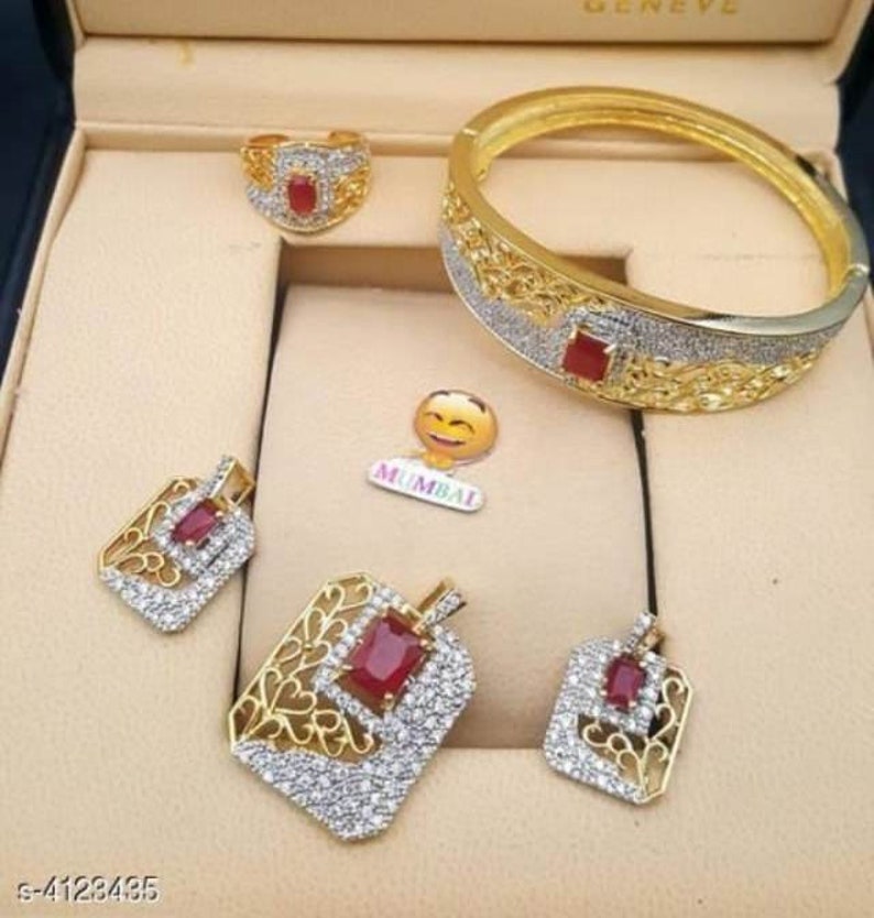 pendent set ring. bracelet Gold plated American diamond jewellery set Indian Jewelry Pakistani jewellery