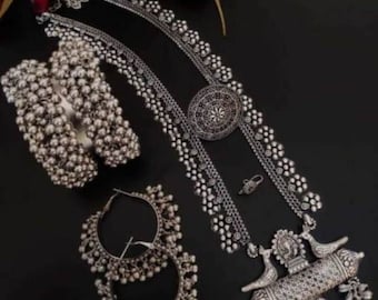 Beautiful Long Necklace Set, Oxidised Necklace Set, Indian Ethnic Jewelry, Oxidized Jewelry Set, Temple Jewelry, Wedding Jewelry