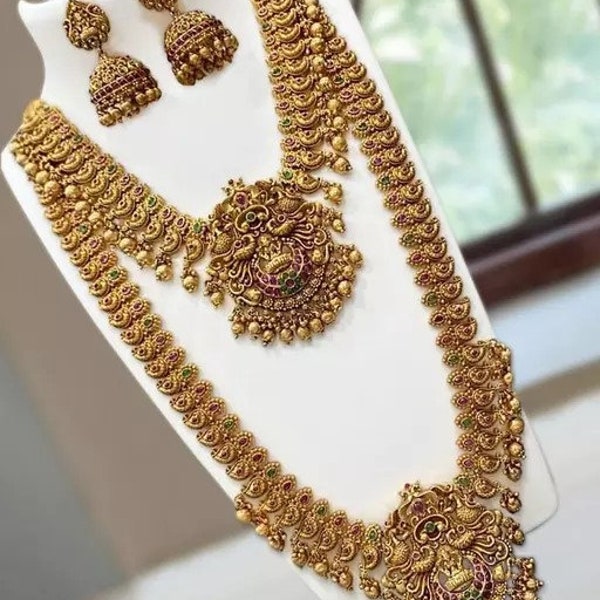 Long Necklace South indian wedding necklace/gold plated necklace/temple jewellery/south jewellery/gift south women.