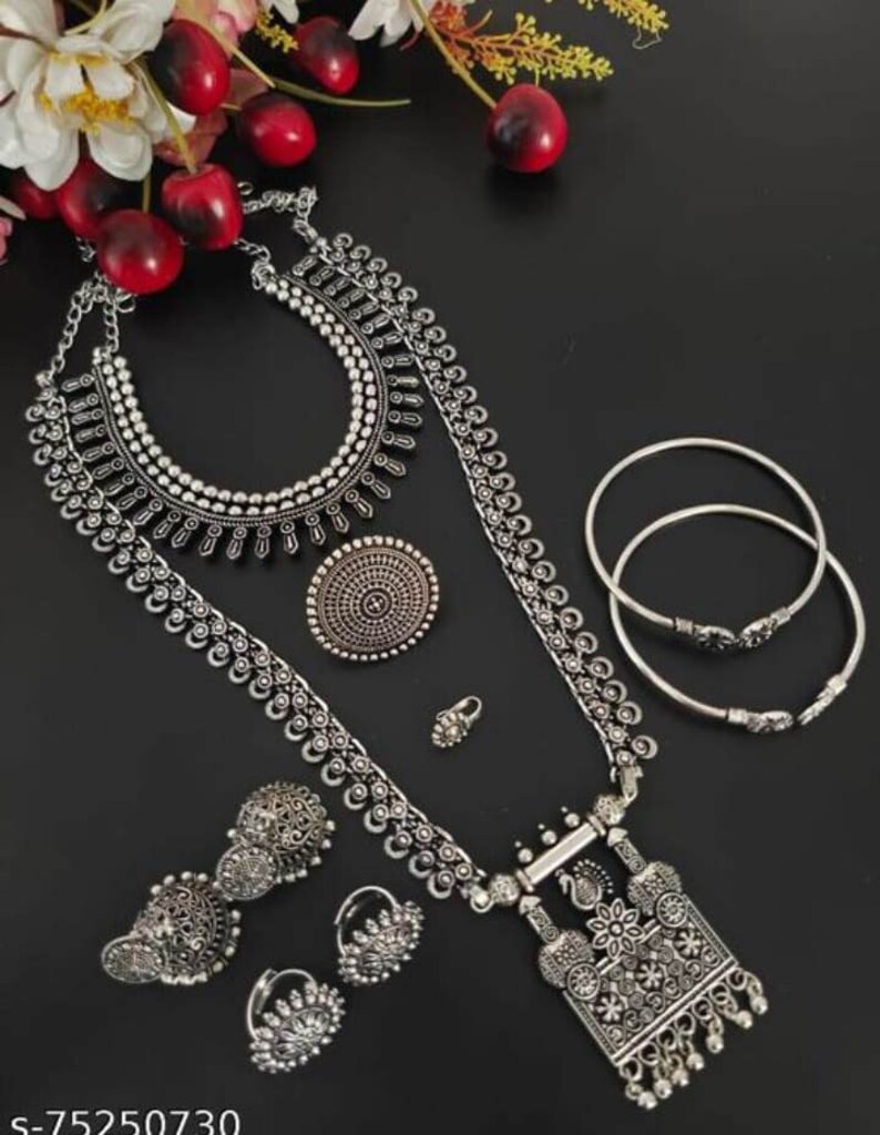 Awesome Long Necklace Set, Oxidised Necklace Set, Indian Ethnic Jewelry, Oxidized Jewelry Set, Temple Jewelry, Wedding Jewelry D5
