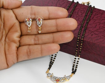 Ruby Stone AD Diamond Gold Plated Mangalsutra/ Earrings/ Black beaded Mangalsutra/ Mangalsutra