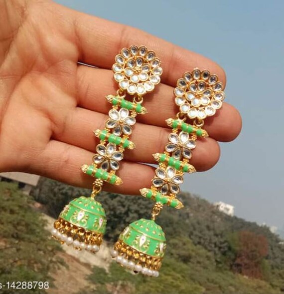 Awesome Beautiful Kundan Jhumki Style Earrings Jewelry Set Pearls
