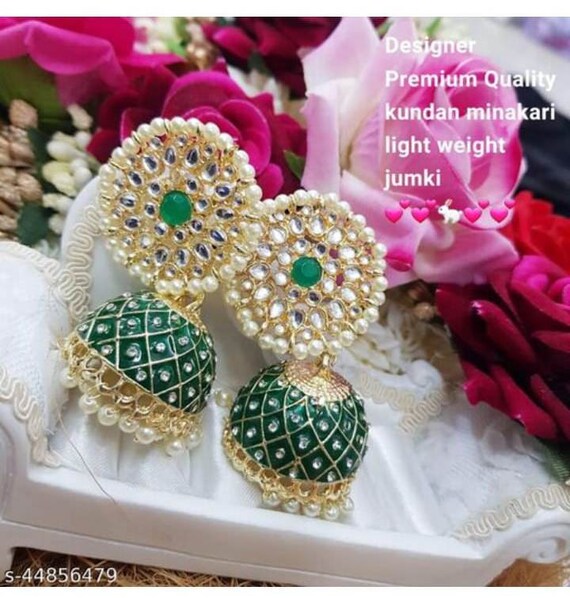 Lovely Awesome Kundan Hand Painted Jhumka Earrings Set Pearls