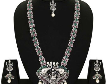 Lovely Antique temple jewelry, oxidised jewelry set,laxmi god German silver set, handmade, kemp jewellery, oxidised jewelry set,