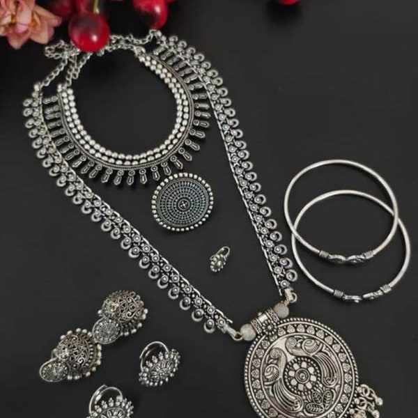 Fantastische lange Halsketten-Set, oxidierte Halsketten-Set, indischer ethnischer Schmuck, oxidiertes Schmuckset, Tempelschmuck, Hochzeitsschmuck