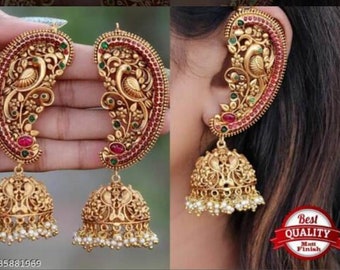 Beautiful Indian Earrings, Antique Gold Jhumka,South Indian Wedding, Bridal Earrings, Ear chain Jhumka Earrings