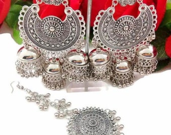 Beautiful Latest Oxidised German Silver Antique Design Traditional Maang Tikka Jhumka Earrings Jewellery Set for Women .