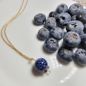Berry Necklace: blueberry lampwork glass beads pendant with 18k gold plated stainless steel, 18in