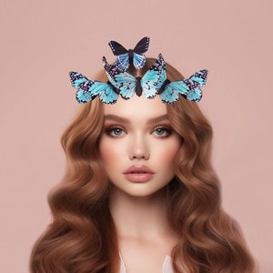 Aquamarine Dream Butterfly Crown, Butterfly Fascinator, Derby Hat Accessory image 1