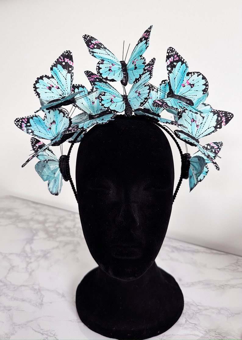 Blue Butterfly Fascinator, Blue Monarch Butterfly Headband, Aqua Butterfly Derby Crown Hat image 3