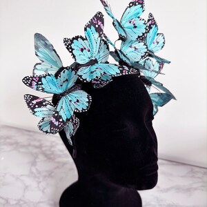 Blue Butterfly Fascinator, Blue Monarch Butterfly Headband, Aqua Butterfly Derby Crown Hat image 2