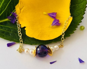 Amethyst and pearl  minimalist  necklace