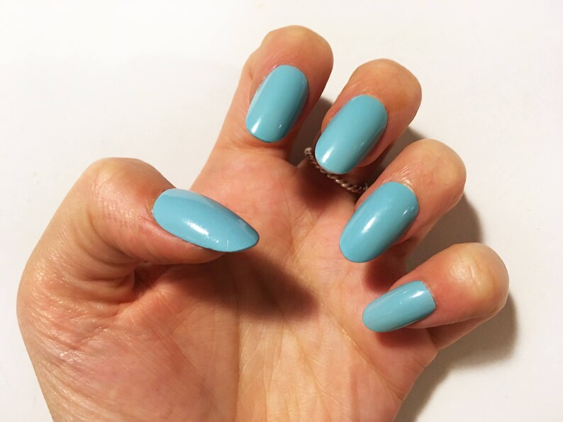Sky Blue False Nails Hand Painted Fake Stick on Nails Etsy