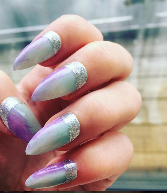 Pastel Mint and Purple Ombre False Nails with Silver Glitter | Etsy