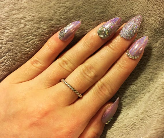 Fabulous Holographic Glitter And Gem False Nails In Pastel Etsy