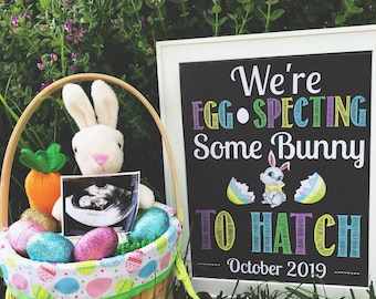 May include: A white chalkboard sign with the text "We're Egg-specting Some Bunny To Hatch - October 2019" in colorful letters. A white bunny rabbit plush toy sits in a basket filled with colorful Easter eggs and an ultrasound image.