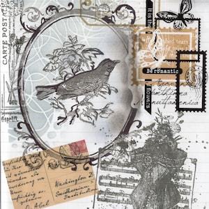 Puede incluir: Un collage de estilo vintage con un pájaro en una rama dentro de un marco ovalado. El diseño incluye sellos, postales y motivos florales, con elementos de texto como "Carte Postale" y "Be romantic".