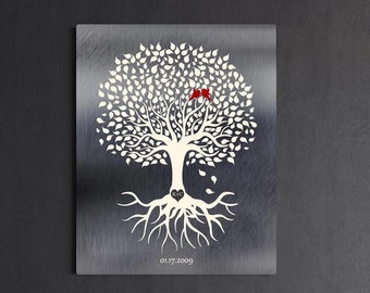 10 Year Anniversary Gift, Tin Anniversary, His and Her, Minimal, 10th Anniversary, Family Tree of Life, Roots, Personalized Metal Print 1210