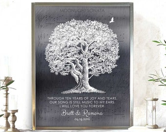 10th Anniversary Gift for Her Wedding Song on Tin Sheet Music Oak Tree Gift for Wife Personalized Canvas Metal or Paper Art Print 1337